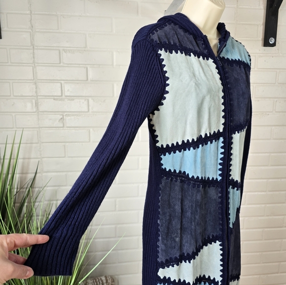 Vintage Airport Blue Suede Patchwork Knit Long Cardigan Medium - Picture 5 of 11